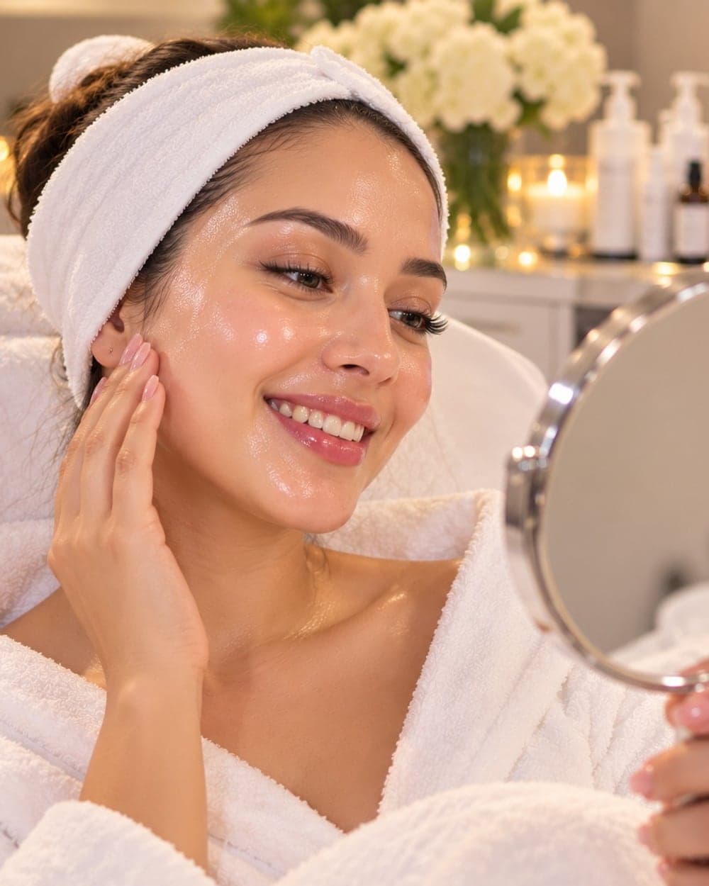A smiling client in a white robe admiring her glowing skin in a hand mirror after a treatment