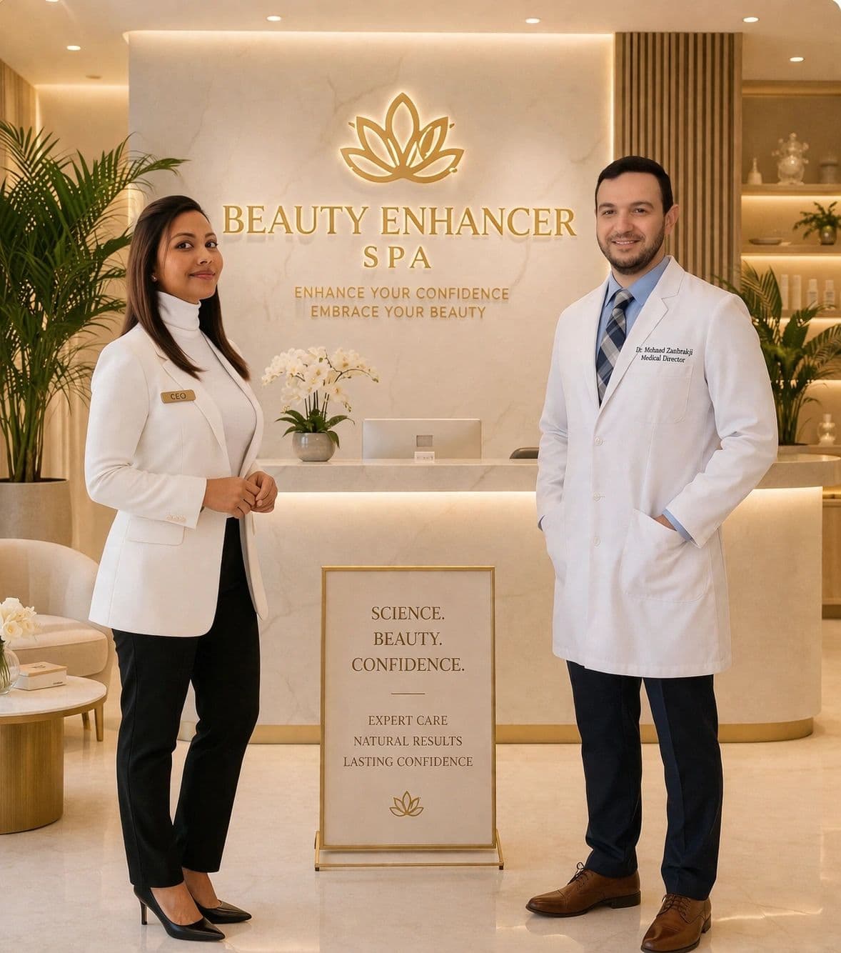 Founder Shucona Dola and medical director Dr. Mohamad Zanbrakji at the Beauty Enhancer Spa reception in Sterling, Virginia